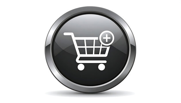 Glossy black circular add to cart button with metallic chrome border and white shopping trolley icon.