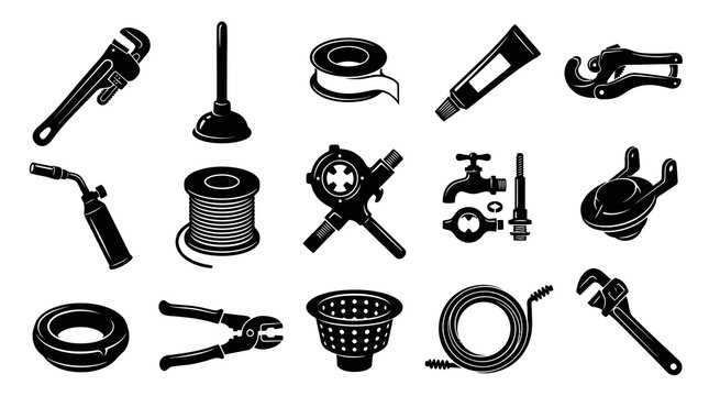 Plumbing Tools and Repair Equipment Black Glyph Icons Set on White Background