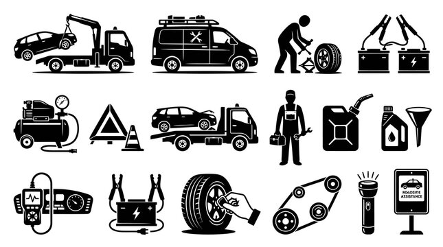 Automotive Car Service, Roadside Assistance, Maintenance  Repair Glyph Vector Icons.