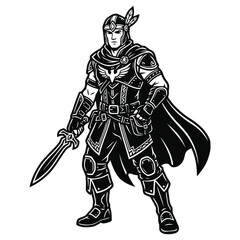 Obraz premium Black and White Illustration of a Valiant Medieval Fantasy Warrior Holding a Sword