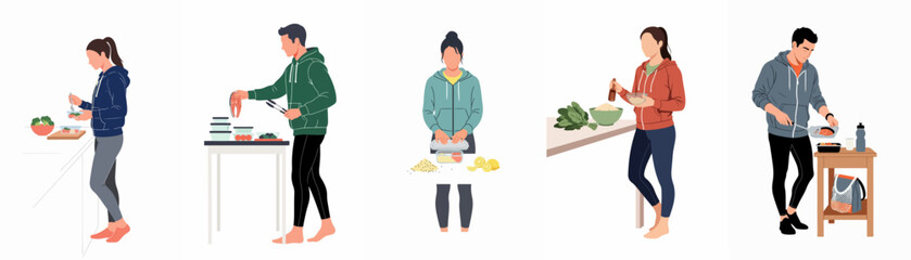 Fototapeta premium Set of diverse people in athletic wear preparing healthy meals and packing food containers for meal prep and a balanced lifestyle.