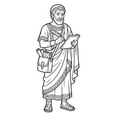 Fototapeta premium Ancient Greek philosopher or Roman scribe standing with quill and tablet in traditional attire, black and white line art illustration