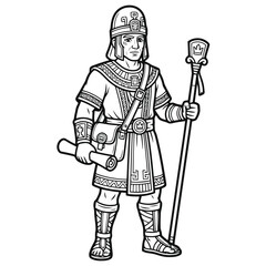 Obraz premium Ancient Royal Scribe Standing with Staff and Scroll Illustration in Black and White Outline Style
