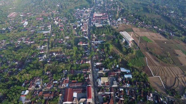 Aerial Drone View of Small Town and Rural Agricultural Landscape in Indonesia