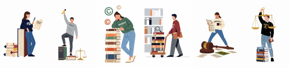 Set of flat vector illustrations featuring university students engaged in legal studies, research, copyright law, and the pursuit of justice. © agus