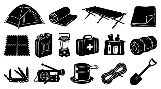 Outdoor Camping and Survival Gear Black  White Glyph Vector Icons Set - Essential Adventure Equipment