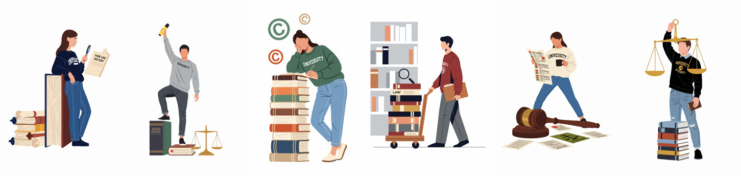 Set of flat vector illustrations featuring university students engaged in legal studies, research, copyright law, and the pursuit of justice.