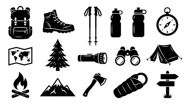 Camping and Hiking Icons: Backpack, Boot, Poles, Bottles, Compass, Map, Tree, Light, Binoculars, Tent, Axe, Sleeping Bag, Fire