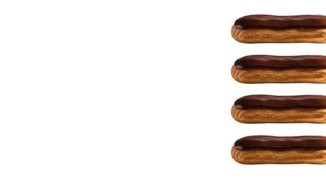 Chocolate eclairs with dark glaze on white background, set of 4 traditional french pastries, delicious cream filled choux pastry desserts