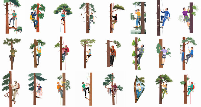 A collection of professional arborists and outdoor enthusiasts climbing and working on tall pine trees using specialized equipment and safety gear.