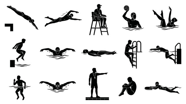 Swimming and Pool Water Sports Activities Silhouettes Icon Set - Black and White Glyph Vector
