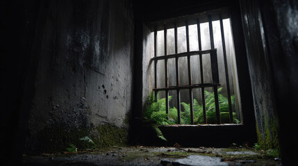 Fototapeta premium A desolate prison cell with a barred window, where lush green plants are growing through the bars, symbolizing hope in confinement