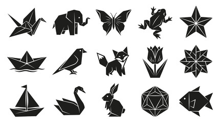 Fototapeta premium Origami Style Vector Icons Set: Geometric Animals, Nature, and Objects in Black and White Silhouette