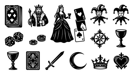 Obraz premium Gambling and Casino Icons: King, Queen, Jester, Cards, Dice, Chips, Black White Glyph Art