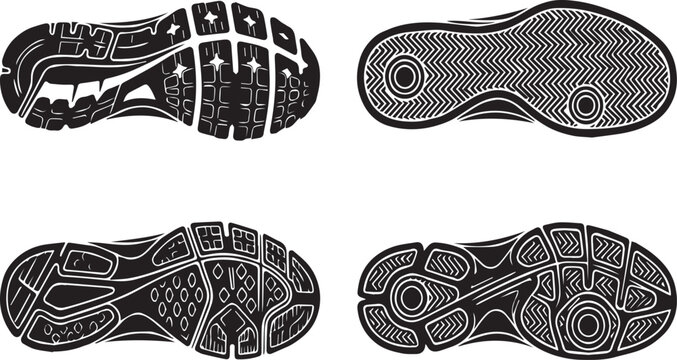 Sneaker and sport shoe sole texture icon set, black vector silhouettes of athletic footwear treads, running shoe print patterns, and grips