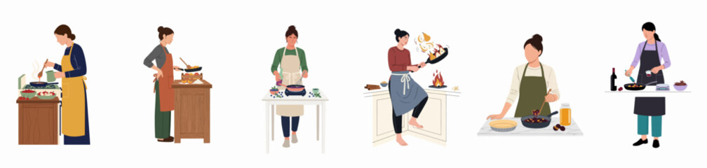 Fototapeta premium A collection of flat vector illustrations depicting women cooking, sautéing fruit, and preparing desserts in a kitchen setting with various ingredients and tools.
