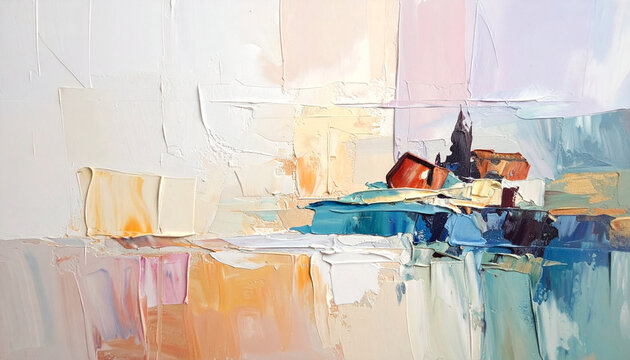 Abstract Coastal Village Oil Painting with Palette Knife Texture