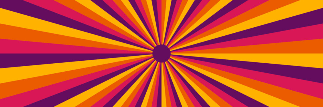 Retro 70s Style Sunburst Background with Vibrant Purple Orange and Yellow Radial Stripes for Vintage Graphic Design
