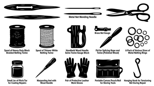 Black and White Fishing Net Mending and Marine Repair Tools and Equipment Glyph Set