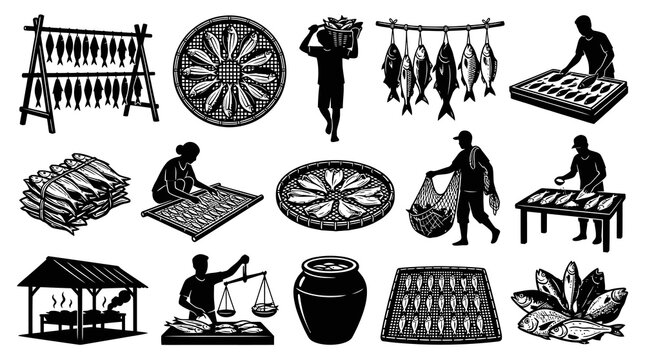 Black  White Line Art of Fish Drying Process, Fishing Industry