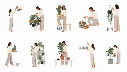 Fototapeta premium Flat Illustration Set of a Young Woman Taking Care of Various Indoor Houseplants, Watering, Pruning, and Repotting in Her Home