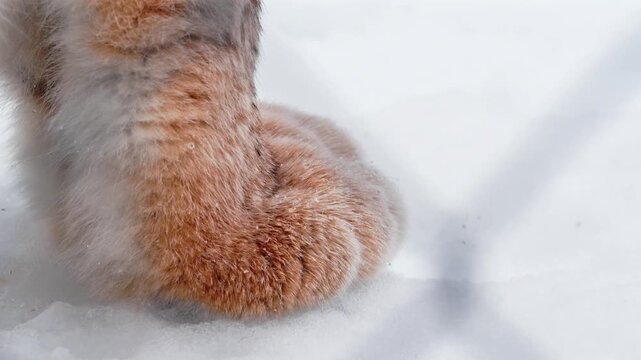 Extreme close up of Paw of an Eurasian lynx (Lynx lynx) during heavy snowing.