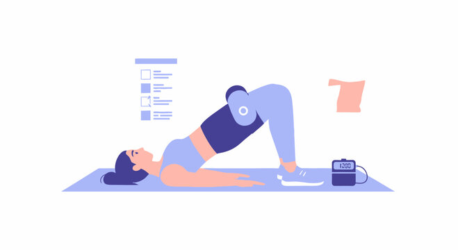 Woman doing glute bridge exercise with resistance band, home fitness concept