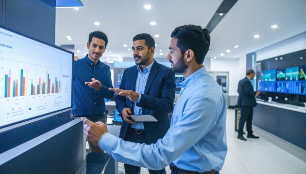 Diverse Business Professionals Analyze Financial Data on Large Interactive Display