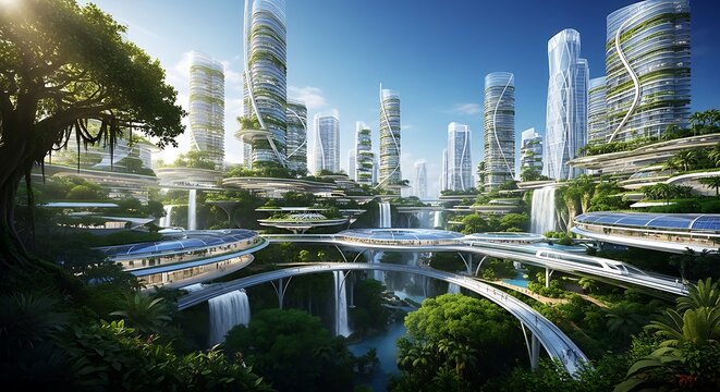 Futuristic Cityscape with Elevated Sky Bridges and Lush Greenery