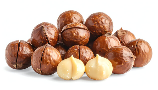 Heap of organic macadamia nuts in shells with two peeled kernels in front.