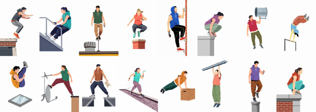 Collection of flat vector illustrations depicting young men and women performing parkour and extreme athletic stunts on urban rooftops.