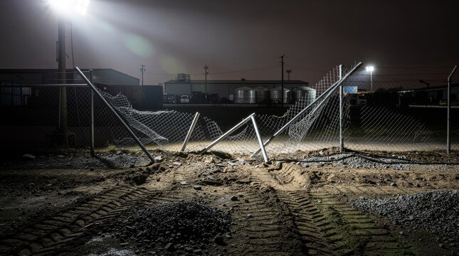 Damaged Chainlink Fence at Night Under Dramatic Lighting