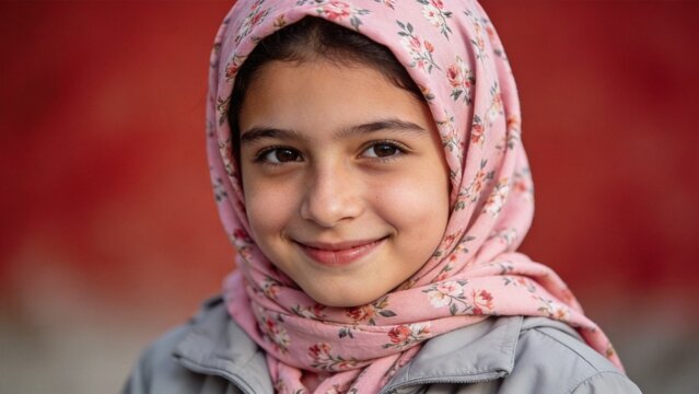 Young girl wearing floral headscarf