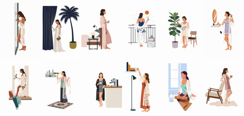 Fototapeta premium Set of modern flat illustrations showing diverse women performing daily routines at home in elegant loungewear and robes