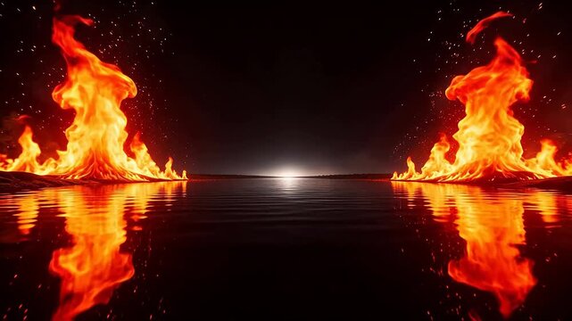 Fiery flames on water at night