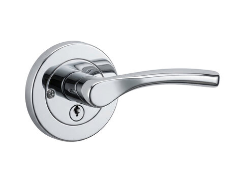 A sleek, modern door handle with a keyhole in a polished chrome finish on a white background.