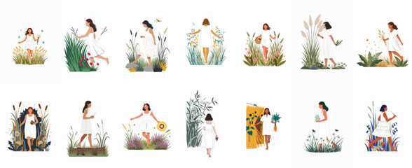 Fototapeta premium Collection of minimalist flat vector illustrations featuring girls and women in white dresses enjoying various natural settings like meadows, fields, and gardens.