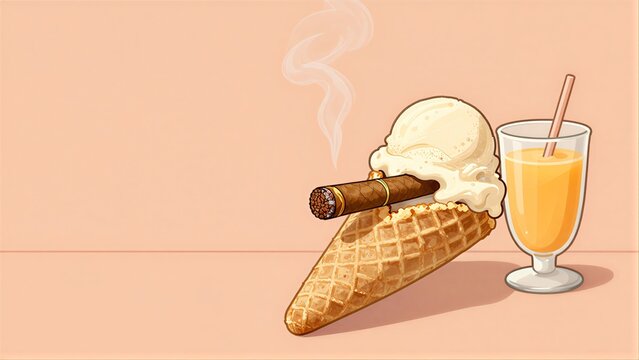 Ice cream cone with cigar, beside a glass of orange juice on peach background.