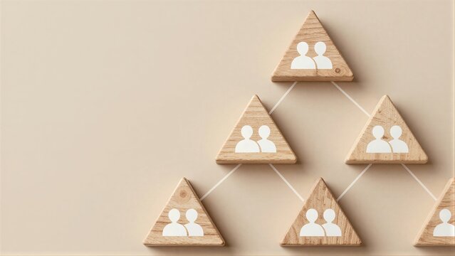 Wooden triangles with person icons form a pyramid structure, symbolizing hierarchy or teamwork.
