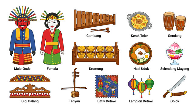 A vibrant illustration showcasing traditional Betawi culture, including costumes, musical instruments, food, and decorative items.