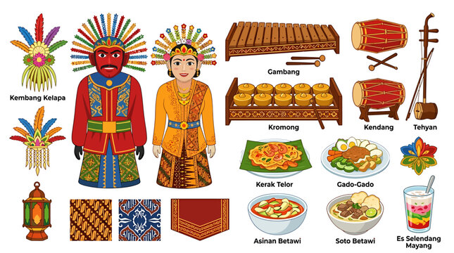 Vibrant illustration showcasing traditional Indonesian culture, including costumes, musical instruments, batik patterns, and popular dishes.