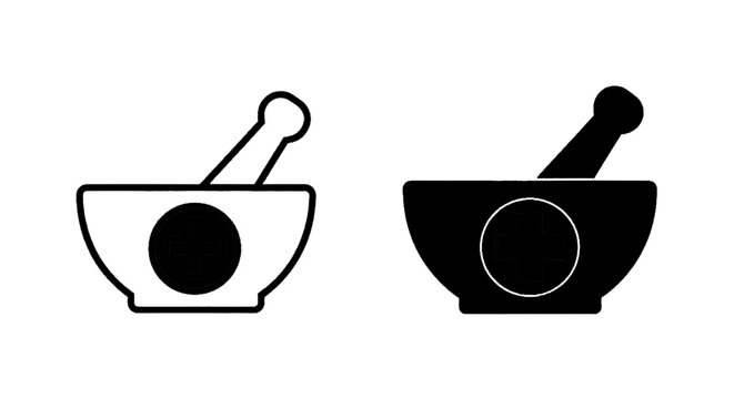 Minimal black silhouette icon, simple flat vector, bold black shape, no, no shading mortar and pestle icon set with medical cross symbol on a, flat icon style