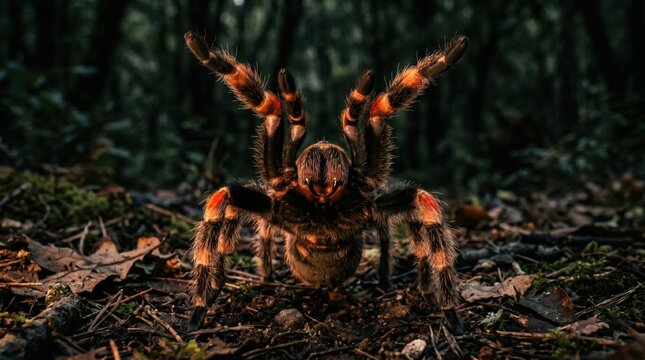 A large colorful spider with orange and black legs standing on the dark forest floor in the wild
