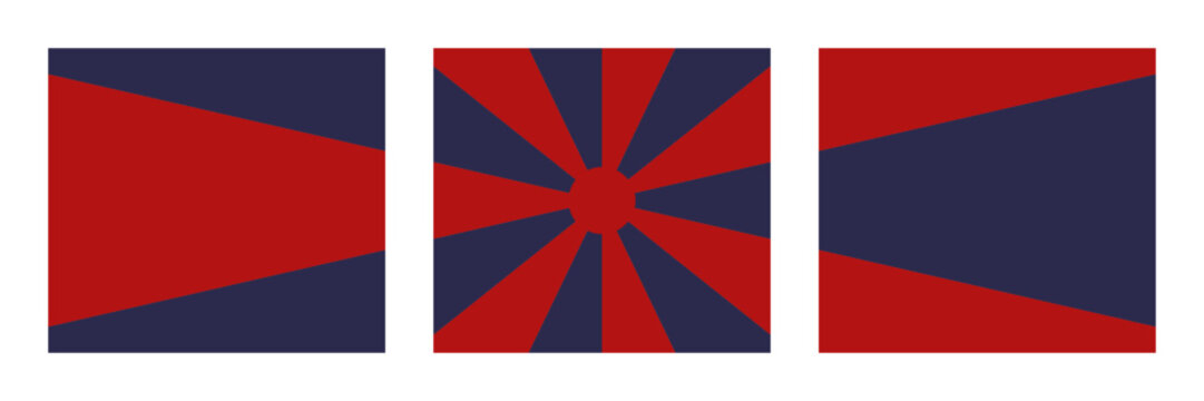 Geometric Abstract Triptych Set Featuring Radial Sunburst and Trapezoid Wedge Patterns in Red and Navy Blue