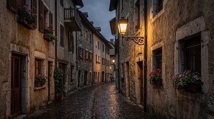 Fototapeta premium A charming, narrow European cobblestone alley at dusk, lined with historic stone buildings, glowing vintage street lamps, and window boxes filled with beautiful flowers.