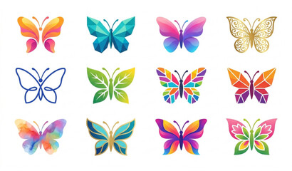 Fototapeta premium Beautiful butterfly logo design elements and colorful insect vector icons set.
