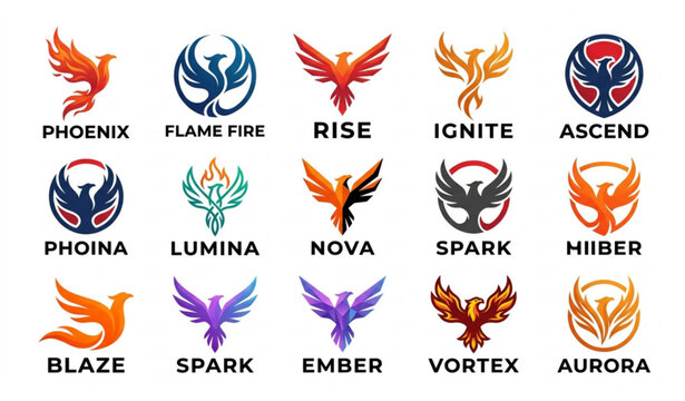 Phoenix bird logo design elements and corporate firebird branding vector icons set.