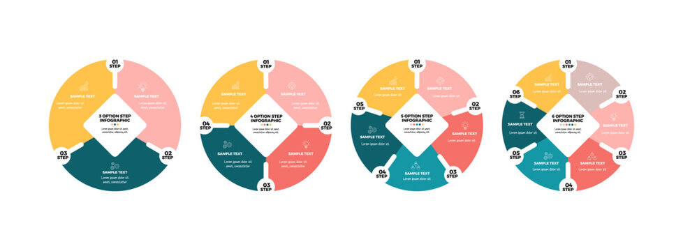 Circle infographic diagram round arrow set 3, 4, 5, and 6 option steps for business presentations, web, reports, posters. Vector editable illustration
