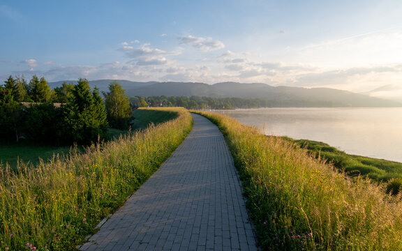 Paved walking path along a lake through wildflower meadow, Żywiec Lake