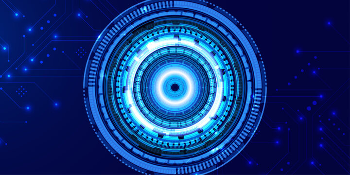 Futuristic abstract technology background with glowing blue circles and connecting circuit lines, representing data flow.